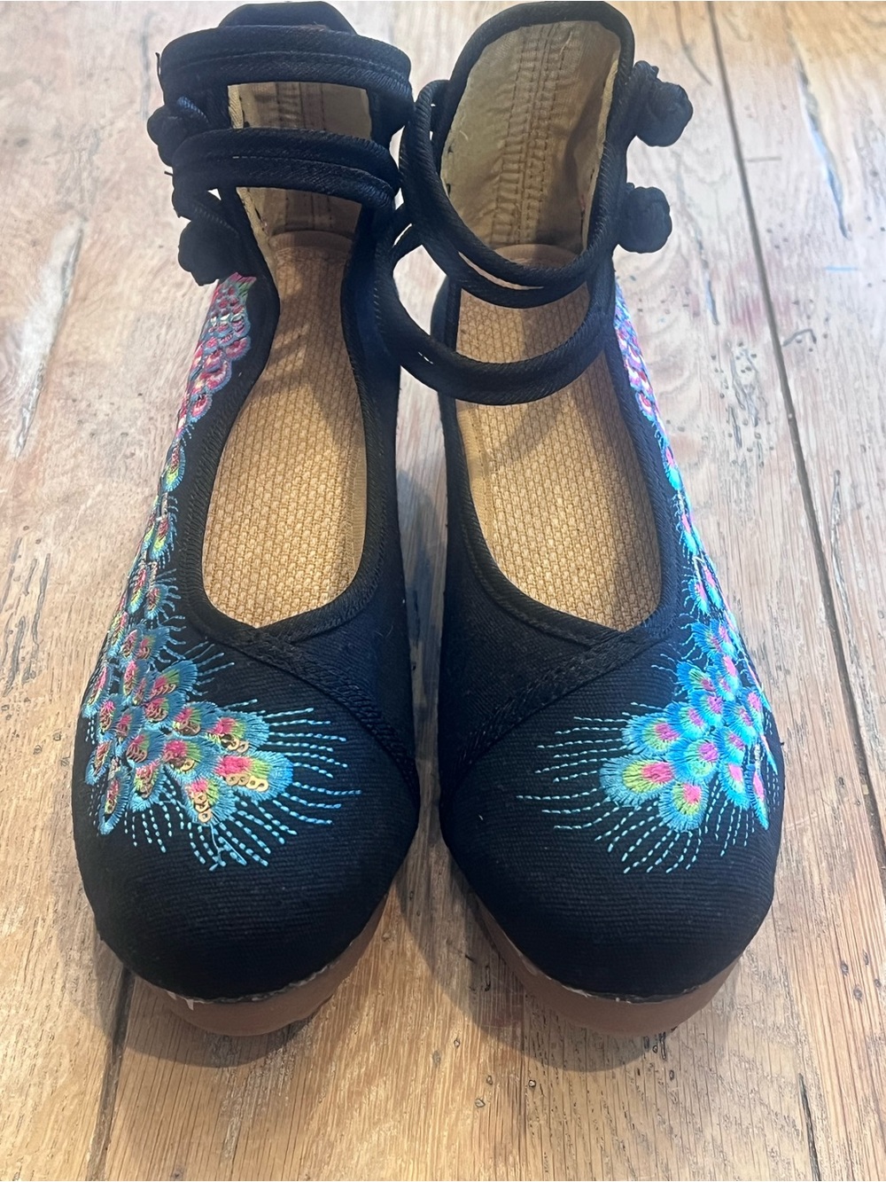 Black Embroidered Ankle-Tie Espadrilles with Multicolor Floral Motif US 10 UK 43